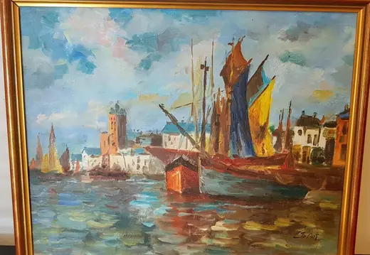 Cuadro de veleros en un puerto.