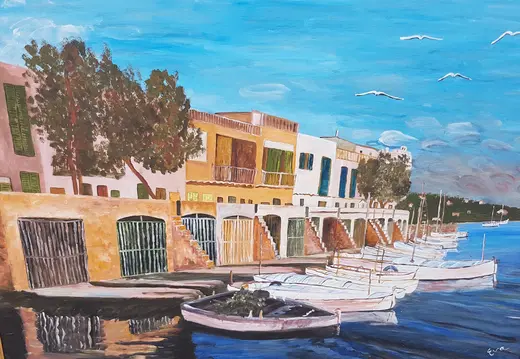 Painting of Boats Beside Shorefront Houses