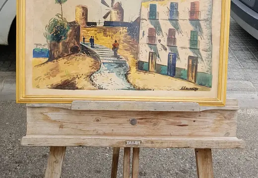 Framed Painting of a Street and Windmill