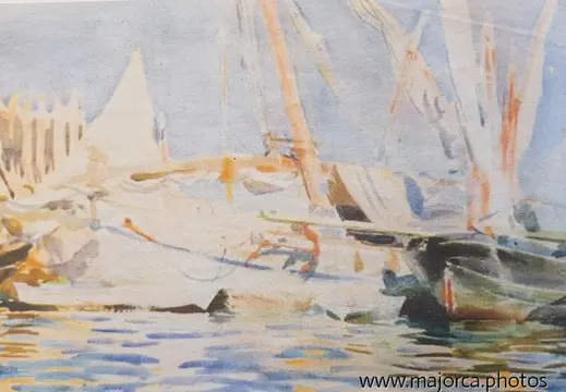 Pintura de un puerto con barcos y velas