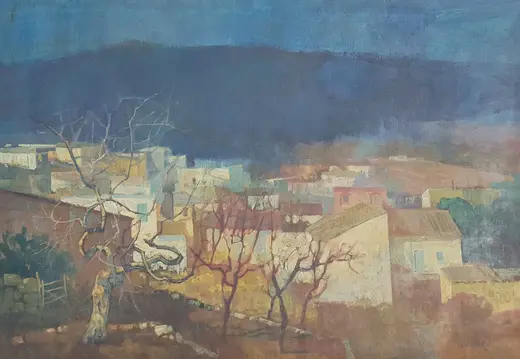 Painting of Village Houses Under Dark Clouds
