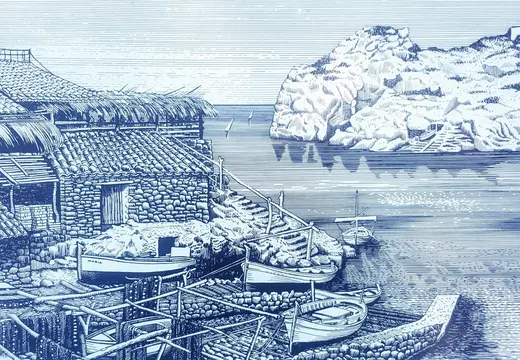 Blue Drawing of Boats in a Rocky Cove