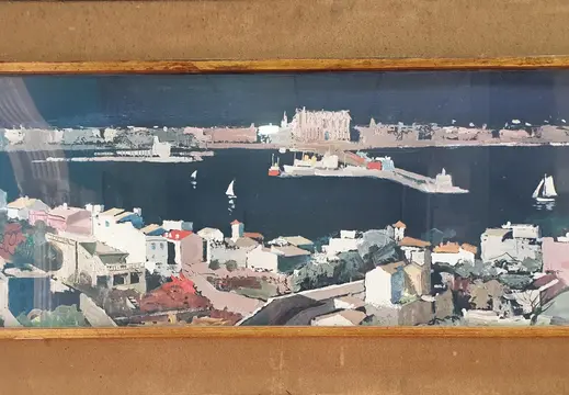 Gemälde von Booten in einem Hafen
