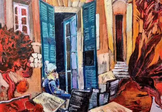 Fenster und Café Malerei in Deià