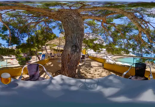 Terrazza ombreggiata dai pini a Cala Comtessa