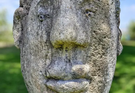 Ritratto ravvicinato di una scultura segnata dal tempo