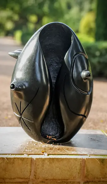 Polished Oval Sculpture in Blurred Garden.webp